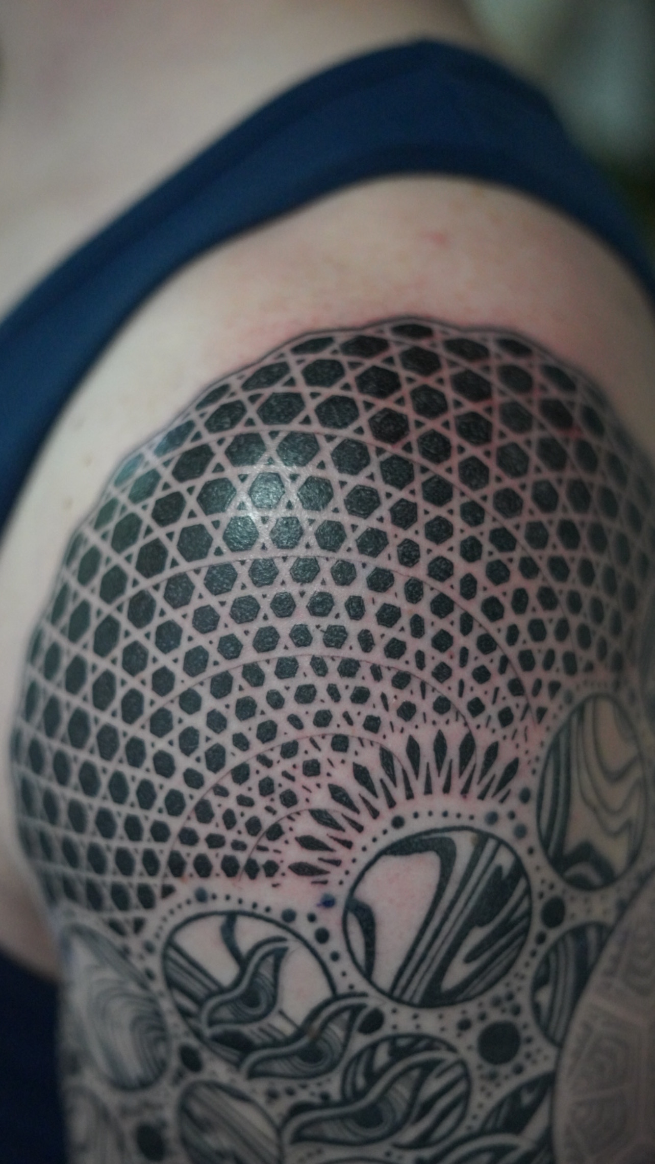 Dotwork sacred geometry shoulder cap tattoo by Steve Sherick