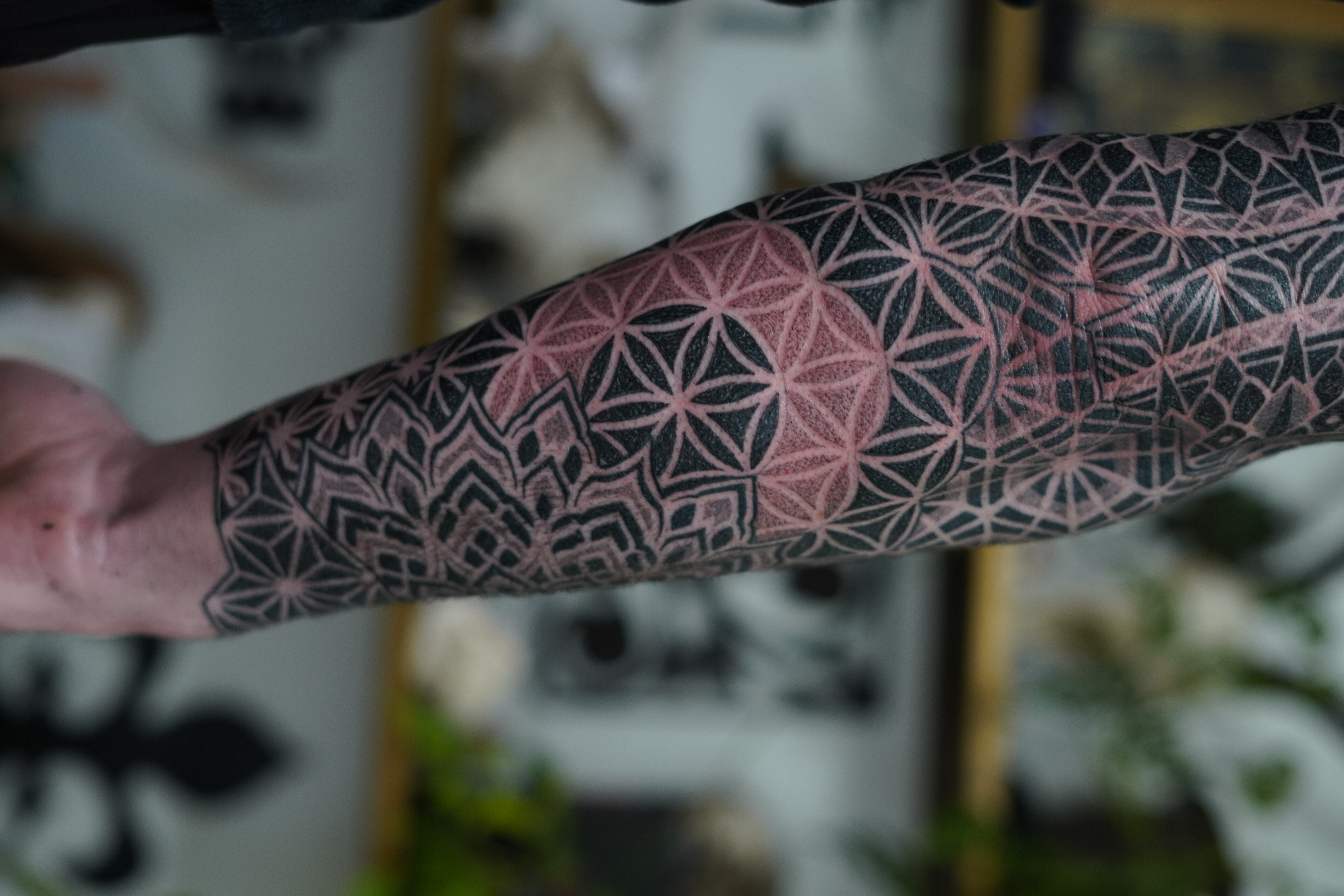 Sacred geometry flower of life forearm sleeve by Steve Sherick