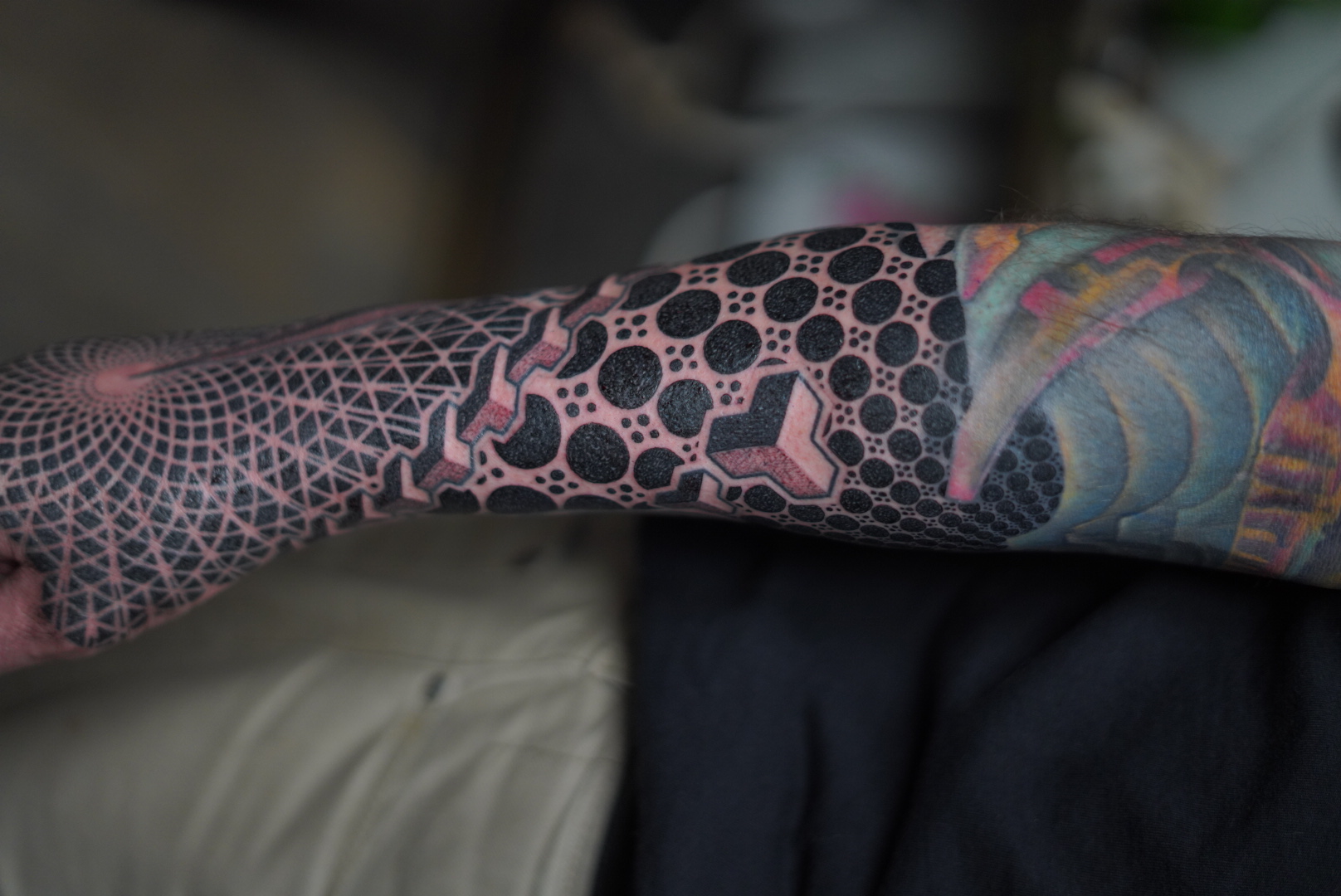 Blast over dotwork forearm sleeve by Steve Sherick
