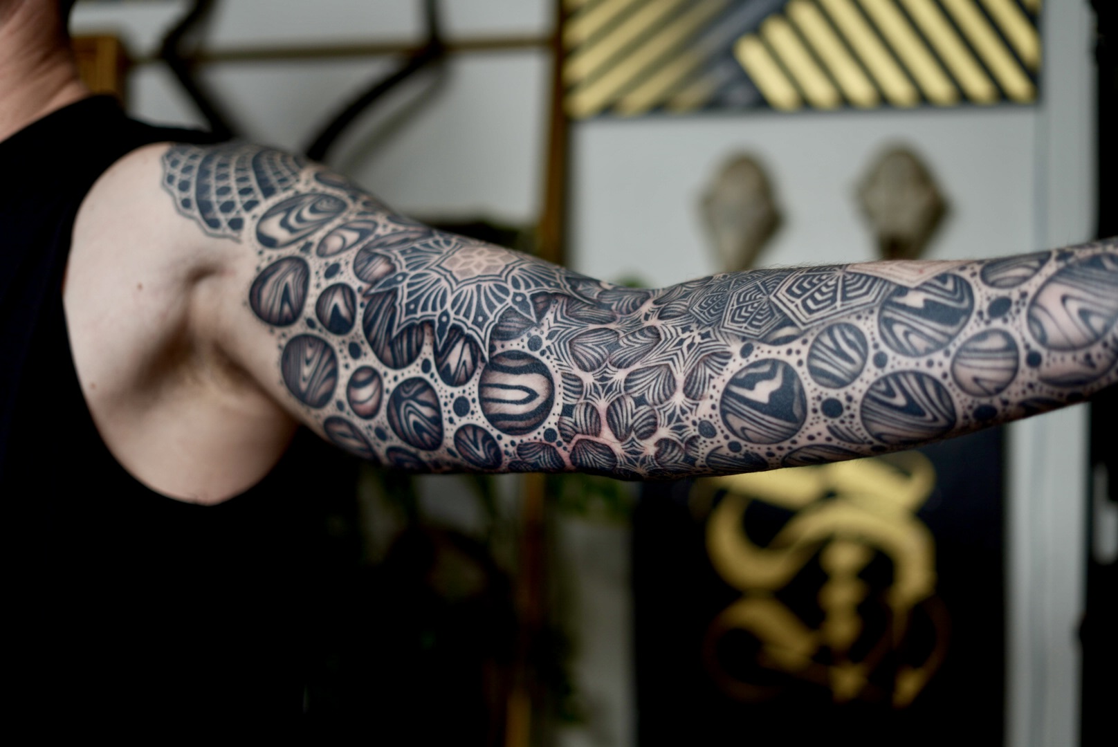 Sacred geometry organic cell full sleeve tattoo by Steve Sherick