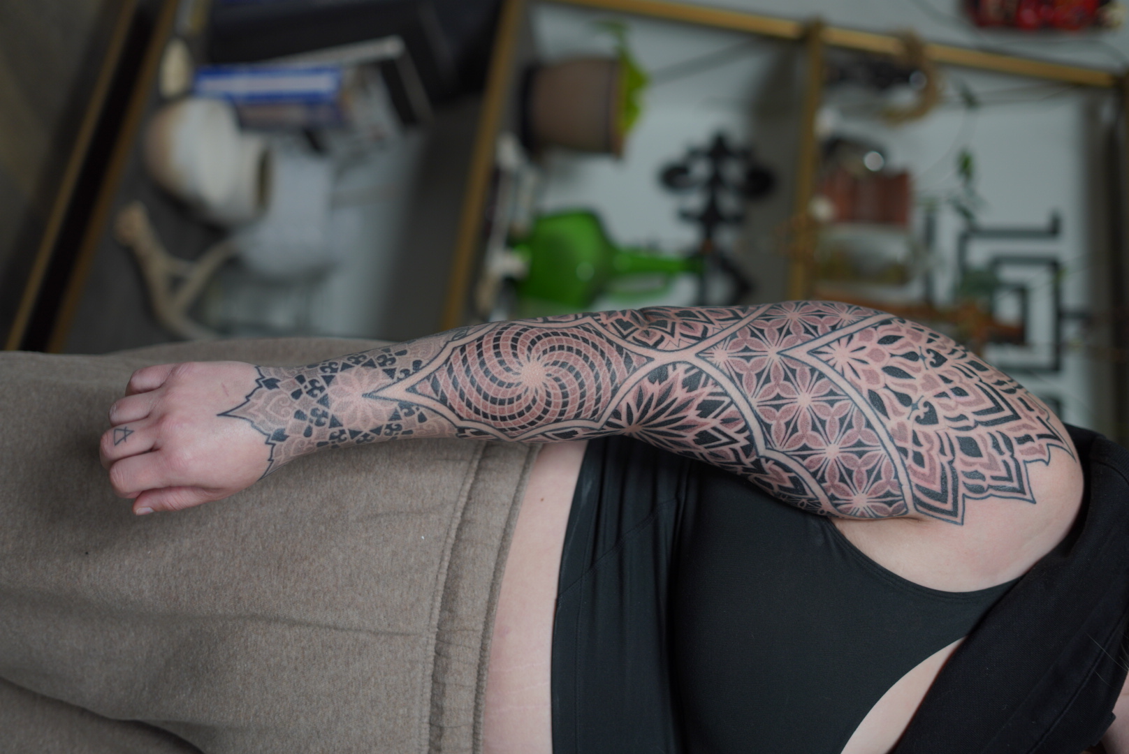 Sacred geometry mandala leg sleeve tattoo by Steve Sherick