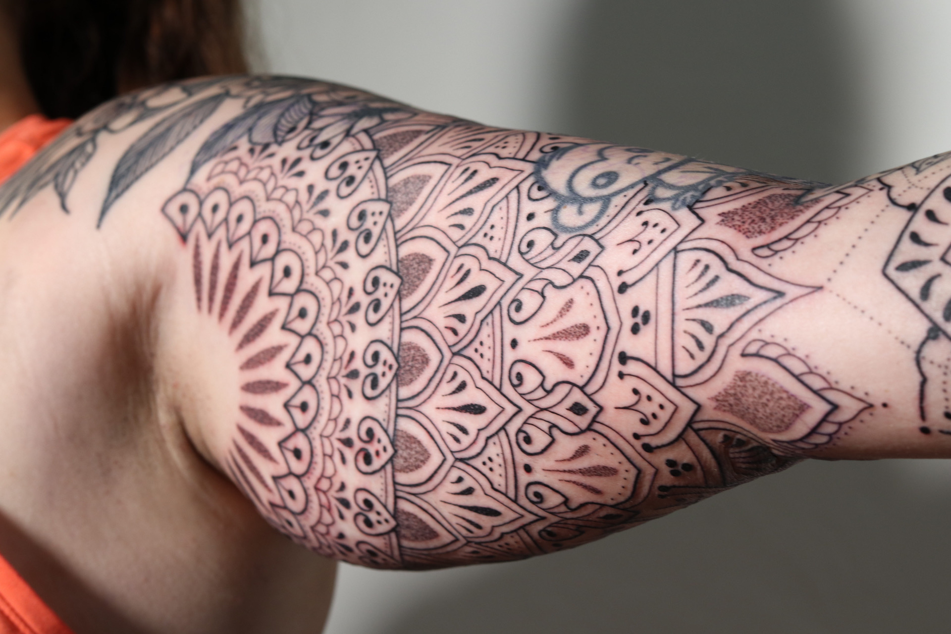 Mandala arm sleeve tattoo by Steve Sherick